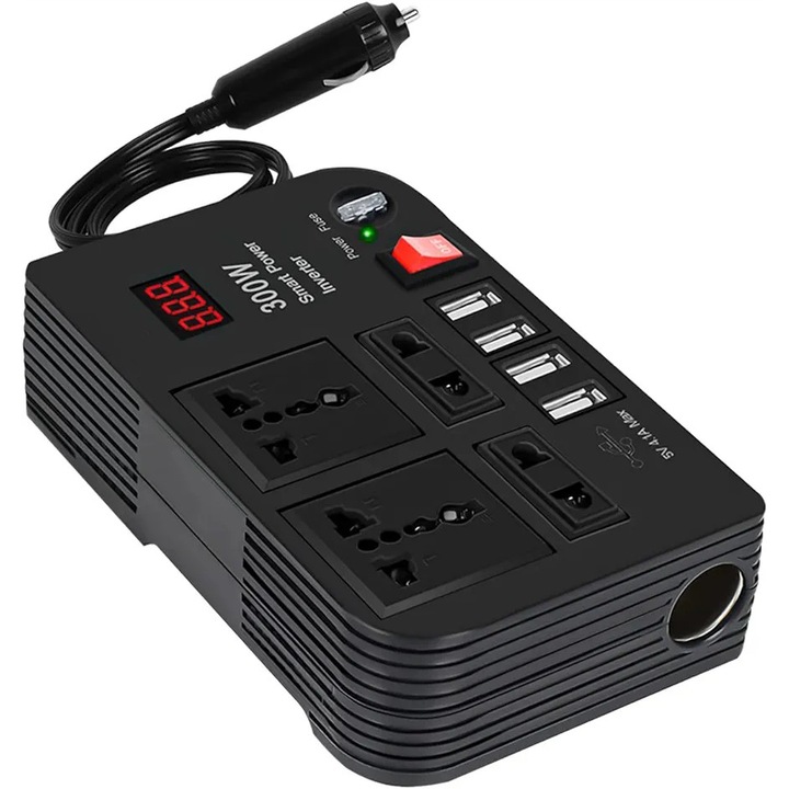300 W autós inverter, 4 4.1A USB A porttal, 4 aljzattal, túlterhelés és túlmelegedés védelemmel, laptophoz, telefonhoz és többféle elektronikához használható, fekete