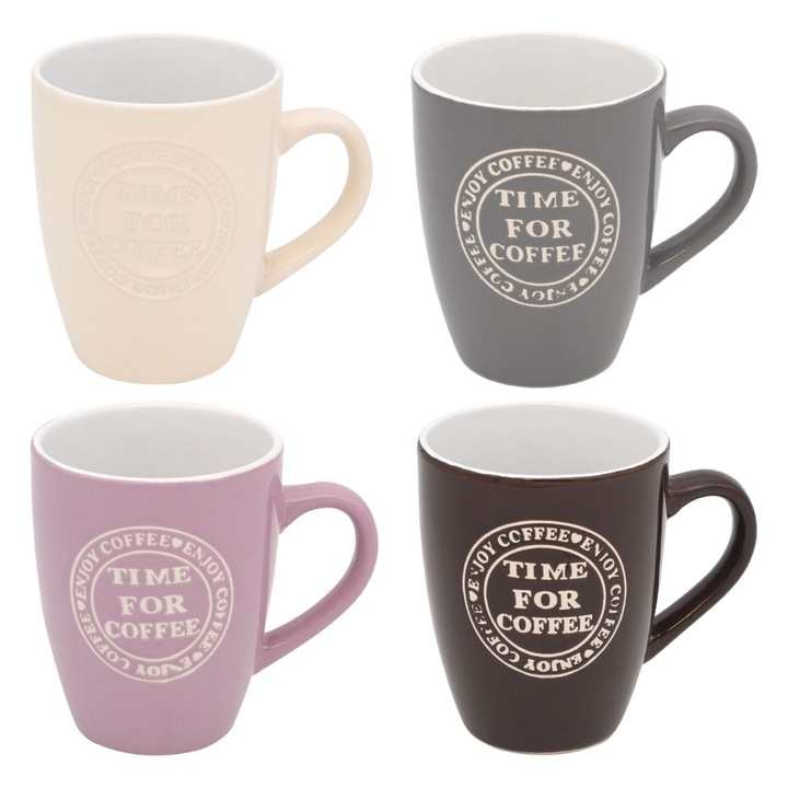 Set 4 cani ceramice multicolore cu mesaj "Time For Coffe" Shopiens®, 330 ml