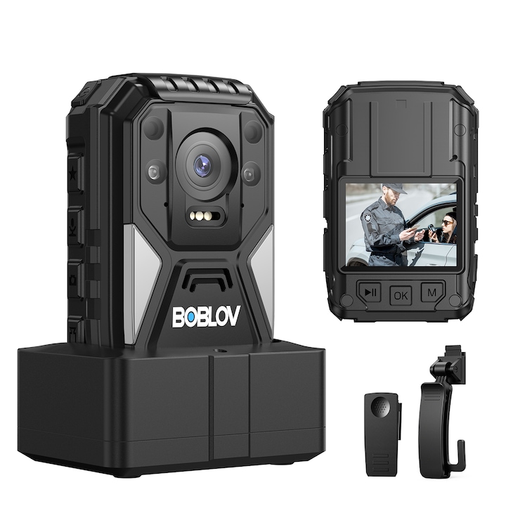 Camera video corporala Body Camera BOBLOV B4K4, rezolutie 4K, waterproof, memorie 128GB, touchscreen, GPS, autonomie de pana la 15h, nightvision, leduri IR