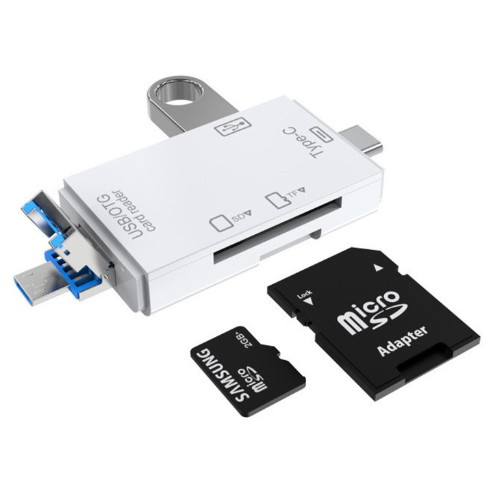 Cititor de Carduri 5 in 1 Welora®, USB, USB Tip-C 3.1, Micro USB, Card SD, MicroSD/TF, Viteza de citire 480mb/s, Universal, Plug&Play, Calitate Premium, Dimensiuni 76mm x 27mm x 10mm, Alb