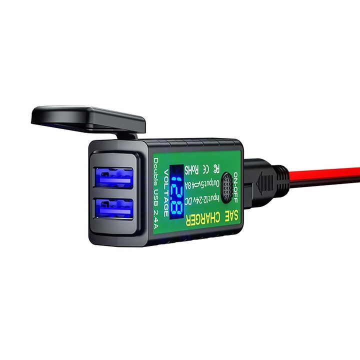 Incarcator USB pentru motociclete, ZmdecQna, 12V/24V, Rezistent la apa, Adaptor SAE la USB, Negru