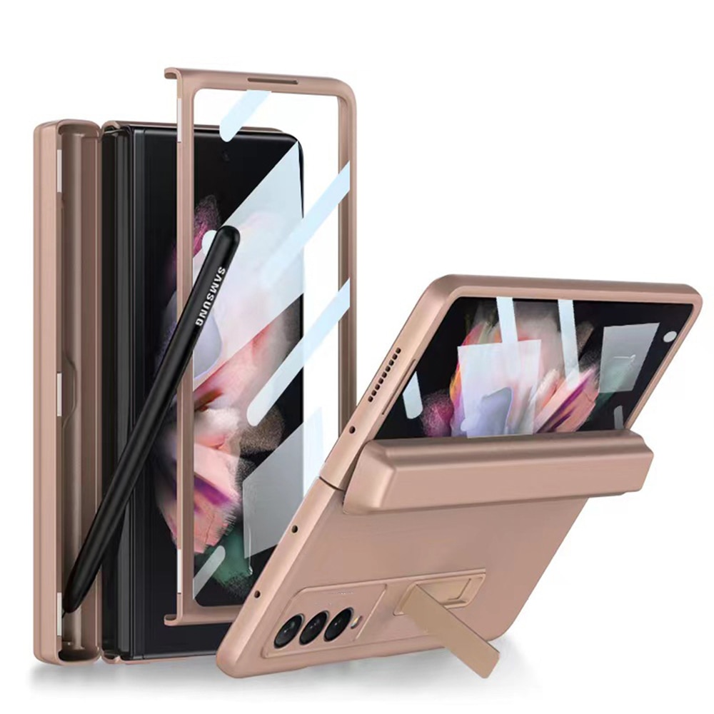 Husa pentru Samsung Galaxy Z Fold 3 5G cu slot S Pen, ZmdecQna, Policarbonat/Piele, Roz