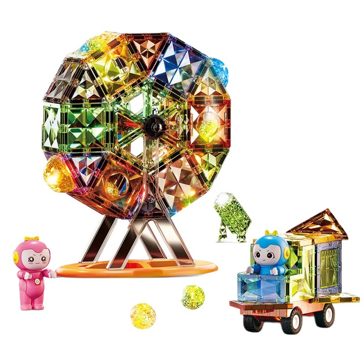 Комплект Giftry® 3D магнитни плочки, светещи STEM образователни играчки, строителни магнитни елементи, момчета и момичета, 87 части, многоцветен, 3 години +