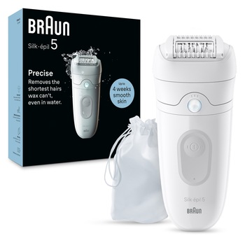 Epilator Braun Silk-épil 5 5-011 Wet & Dry, MicroGrip, Smart Light, 28 de pensete, 2 viteze, Alb/Gri