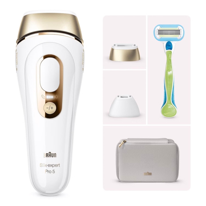 Braun Silk-expert PRO 5 PL5152 IPL епилатор, SkinPro 2.0, 400 000 импулса, 10 нива на интензивност, 125 импулса в минута, 2 прецизни глави, бял/златист