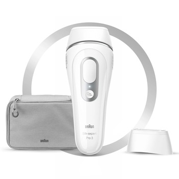 Epilator IPL Braun Silk-expert PRO 3 PL3020, SensoAdapt, 300.000 impulsuri, 3 niveluri de intensitate, 2 capete, alb