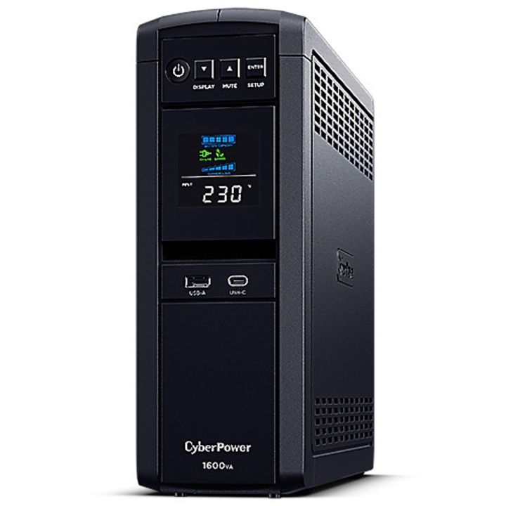 CyberPower CP1600EPFCLCD PFC Sinewave UPS Szünetmentes tápegység, 1600VA/1000W, 4 db Schuko csatlakozó, Színes LCD kijelző, AVR, GreenPower UPS™ Bypass technológia