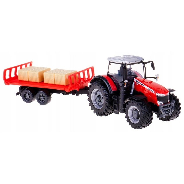 Tractor de jucarie BBurago, seria Fergusson 8740S, cu remorca si baloti de paie, multicolor