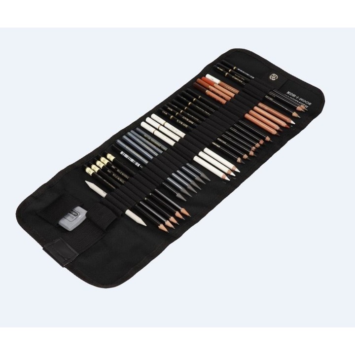 Комплект за рисуване Koh-I-Noor, графитни и акварелни моливи, въглен, пастели, подвижна кутия