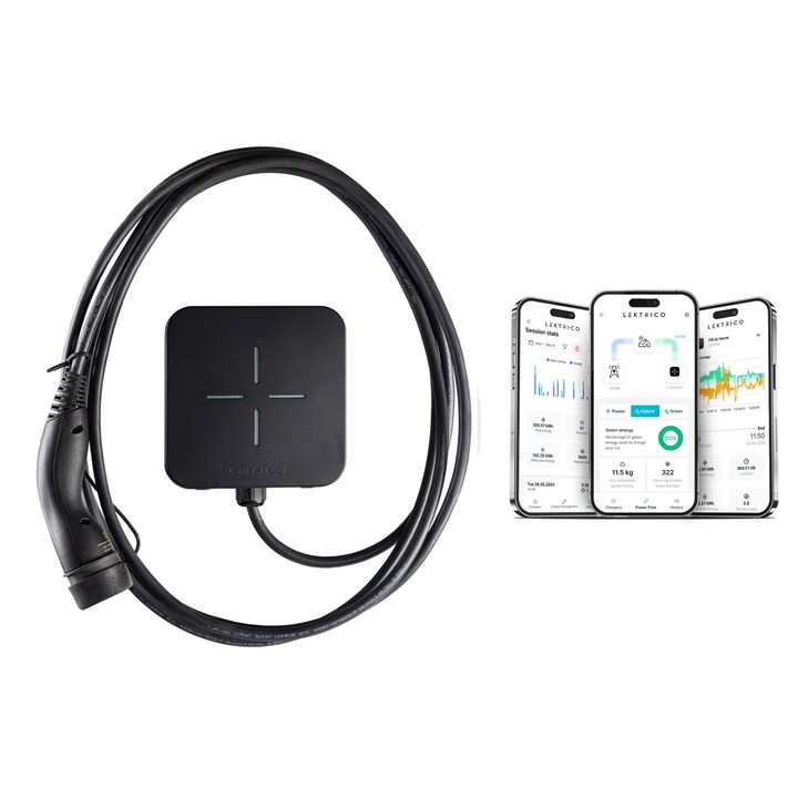 Statie de incarcare inteligenta trifazica LEKTRI·CO TRI cu Wi-Fi, cablu Type 2 de 5m inclus, 6A-32A, putere de incarcare pana la 22kW, statie de incarcare pentru masini electrice, aplicatie mobile dedicata, montaj interior/exterior, protectie IP55