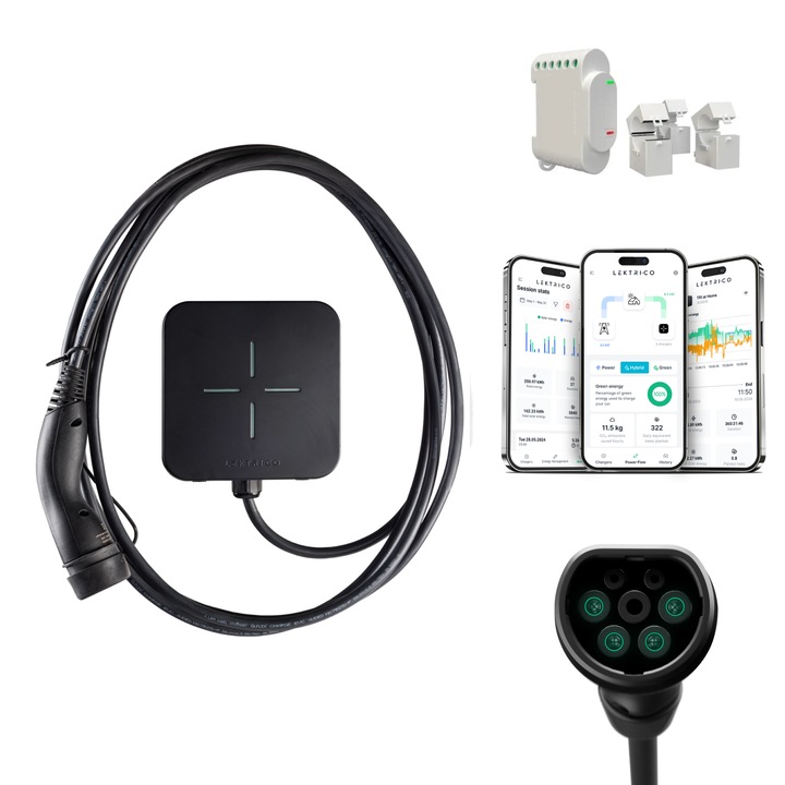 Смарт зарядна станция LEKTRI·CO TRI EM, Безопасна, Трифазна, Wi-Fi, автоматично управление на захранването при зареждане, кабел 5m Тип 2 конектор с капак, 6A-32A, мощност на зареждане до 22kW, специално мобилно приложение, инсталация на закрито/външно