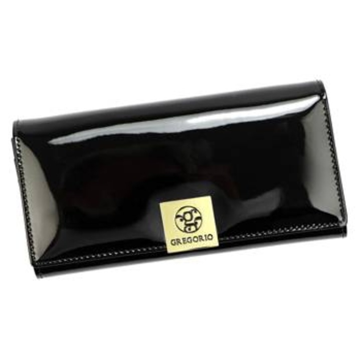 Portofel dama Gregorio LS-102, piele naturala lacuita, 18.5x10x3.5cm, negru