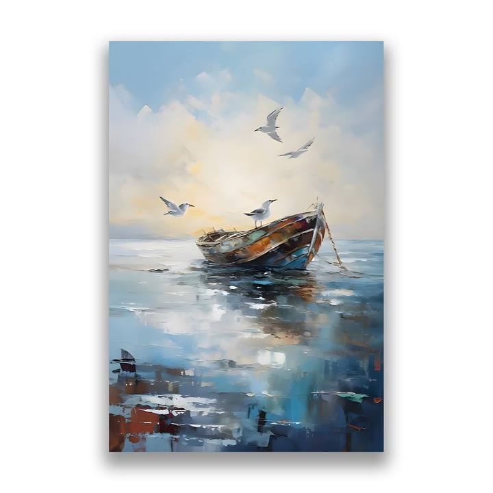 Първокласна картина на платно, LuxCanva, A1482, Земеродното рибарче, 60 X 90 CM, 100% памучно платно 400g/m2, Дървена рамка, Всекидневна, Лодка, Море, Птици, Спалня, Живи цветове