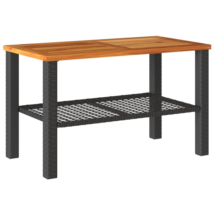 Градинска маса vidaXL, Черна, 70x38x42 см, Полиратан и акациево дърво, 4.4 Kg