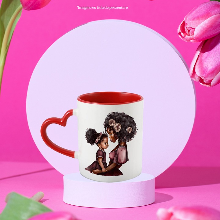Cana cu o mama de culoare care isi tine in brate fetita, ilustratie, floricele in par, rochii, grija, iubire materna, dragoste, 330ml, Ceramica cu Maner Inima Rosie