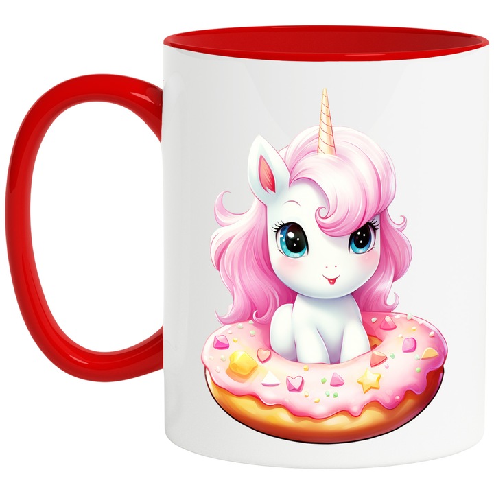 Bögre kis unikornissal egy fánk közepén, illusztráció, édesség, vidám, finom, 330 ml, kerámia, piros fogantyúval