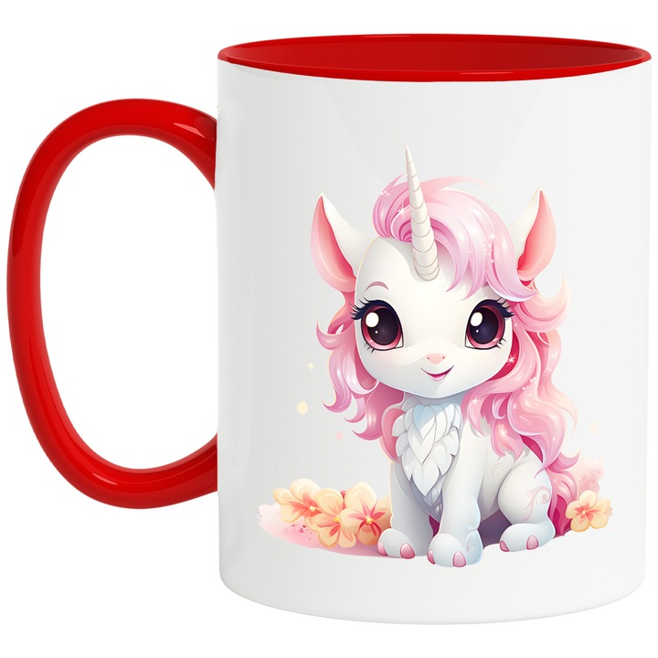 Bögre kis unikornissal, illusztráció, sárga pattogatott kukorica, kíváncsiság, játékos, gyerekeknek, hosszú sörény, 330 ml, kerámia, piros fogantyúval