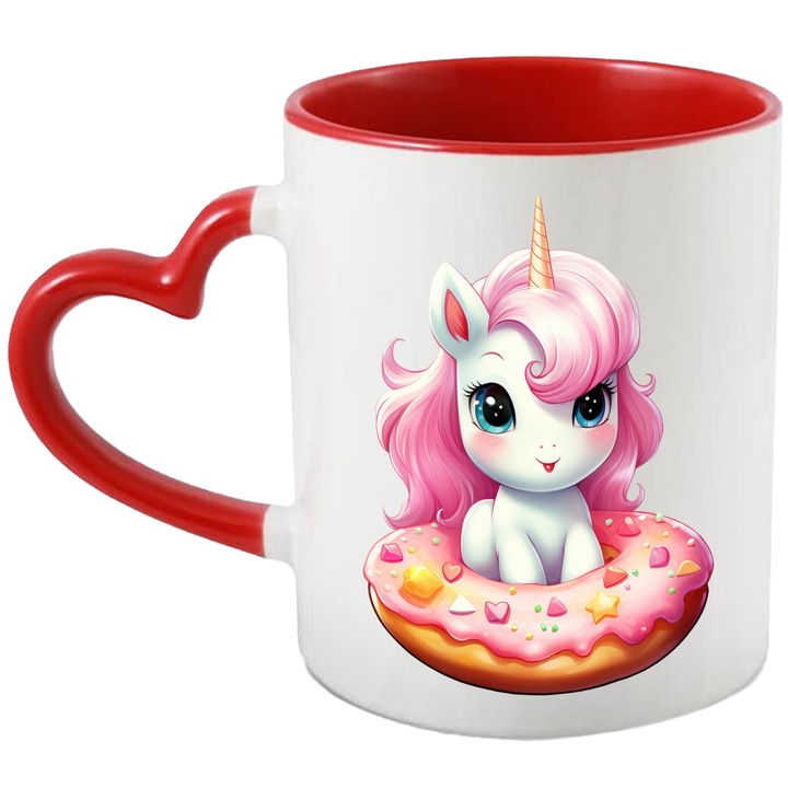 Bögre egy fánk közepén ülő kis unikornissal, illusztráció, édesség, boldog, finom, 330 ml, kerámia, piros szív fogantyúval