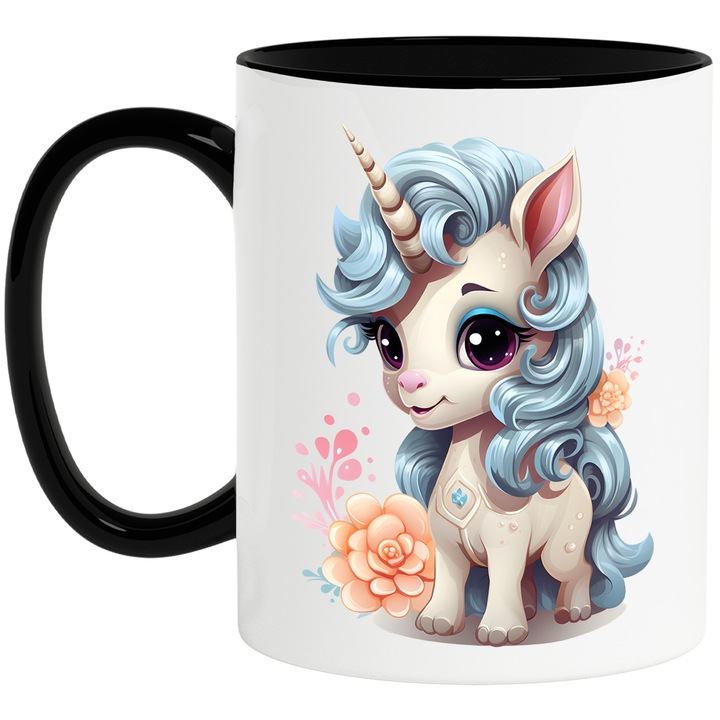Bögre kis unikornissal, illusztráció, boldog, boldogság, narancssárga virágok, gyerekeknek, állat, 330 ml, kerámia fekete fogantyúval