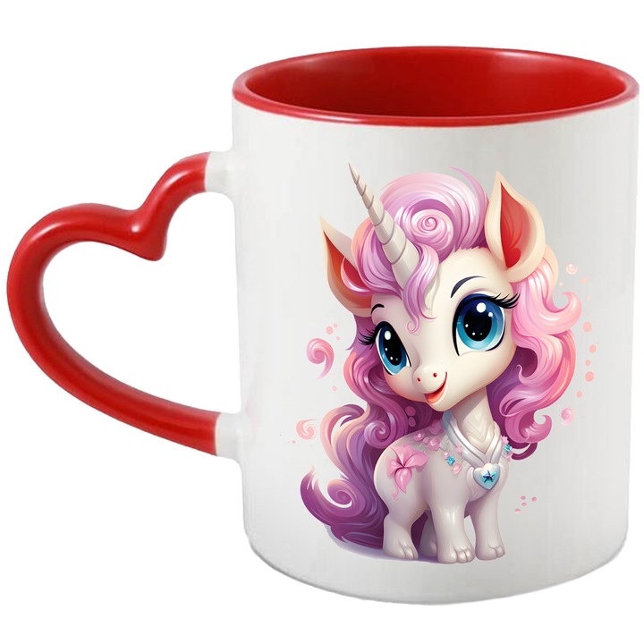 Bögre boldog unikornissal, illusztráció, hosszú sörény, rózsaszín, kő a nyaknál, gyerekeknek, játékos, kíváncsi, 330 ml, kerámia, piros szív fogantyúval