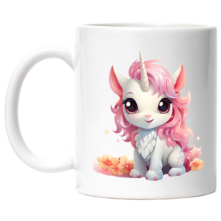 Bögre kis unikornissal, illusztráció, sárga pattogatott kukorica, kíváncsiság, játékos, gyerekeknek, hosszú sörény, 330ml, Kerámia fehér fogantyúval