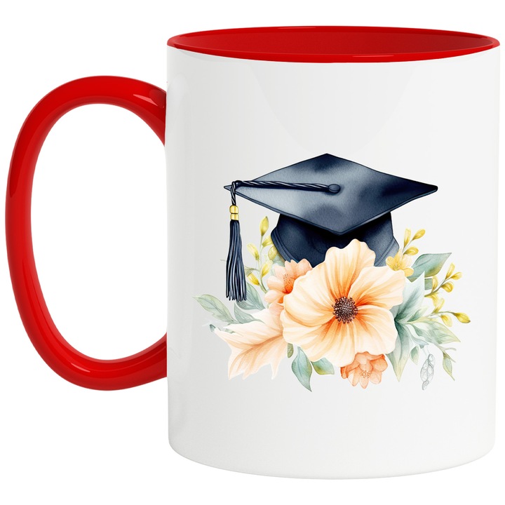 Чаша с абитуриентска шапка, toca, абсолвент, факултет, завършено обучение, илюстрация, постижение, цветя, листа, 330 мл, Керамика с червена дръжка
