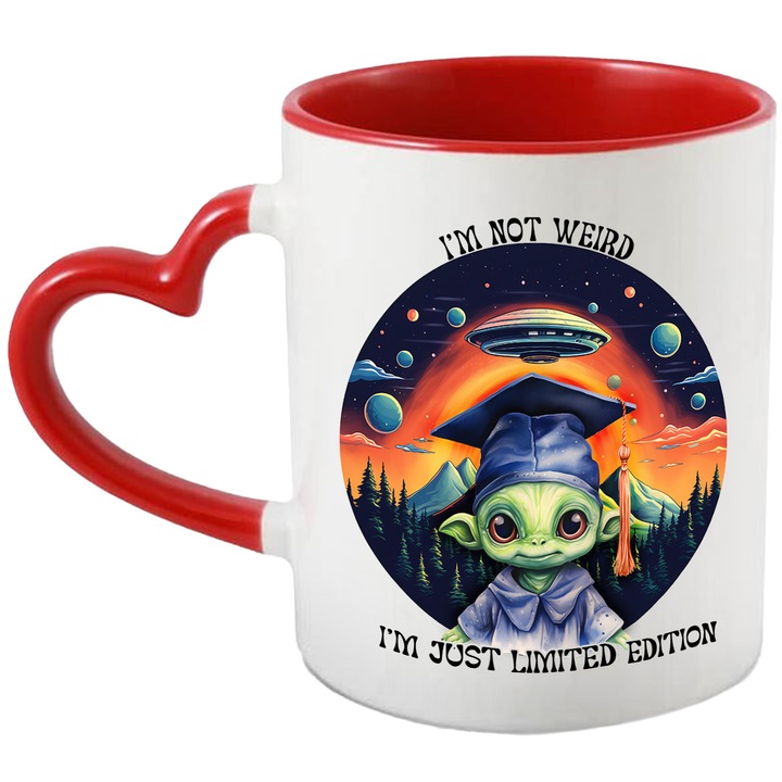 Чаша с извънземно с абитуриентска шапка, илюстрация, послание "I'm not weird, I'm just limited edition", илюстрация, weird, лимитирана серия, летяща чиния, 330 ml, керамика с дръжка червено сърце