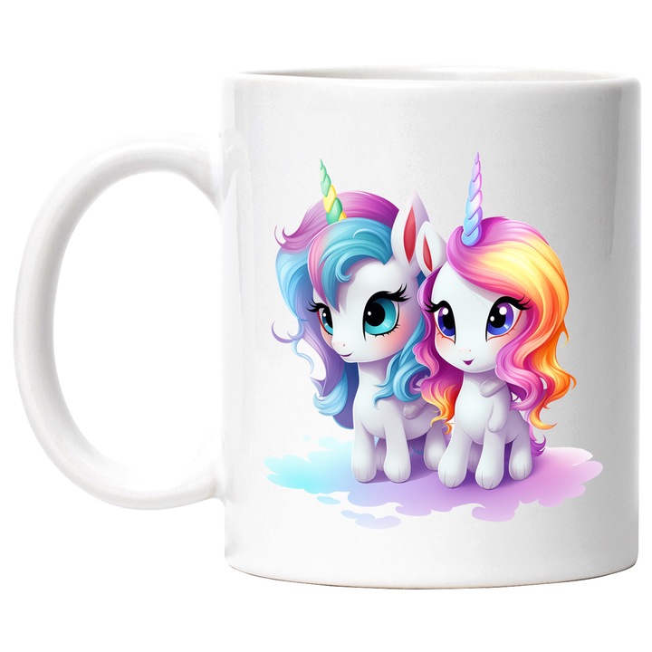 Bögre 2 boldog unikornissal, illusztráció, mitikus lények, illusztráció, fantasztikus, fehér, 330 ml, kerámia fehér fogantyúval