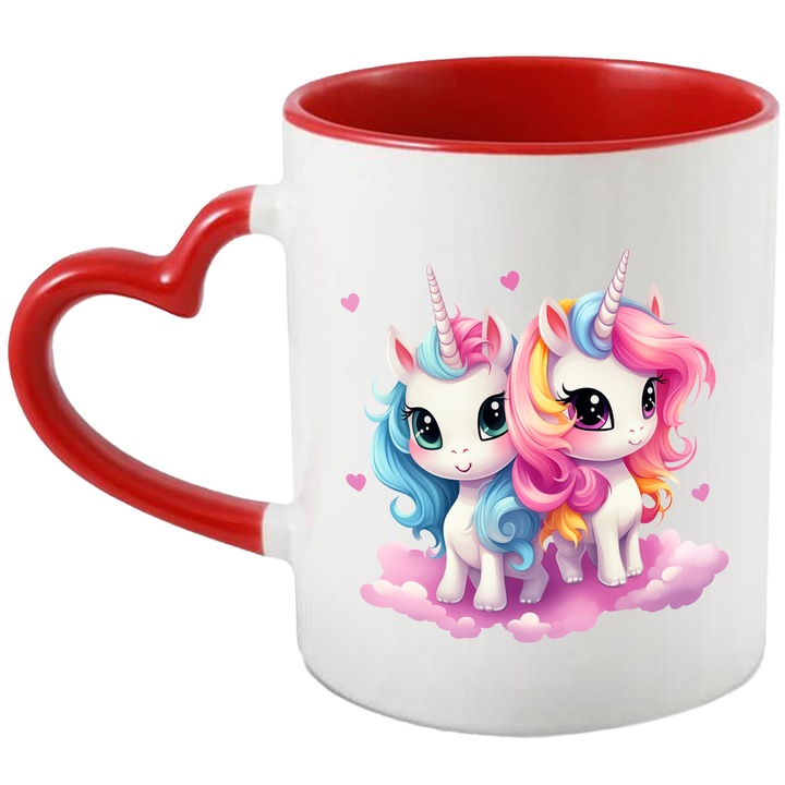 Bögre 2 boldog unikornissal, illusztráció, mosolygós, szívek, felhők, fantasztikus állatok, mitikus lények, 330 ml, kerámia, piros szív fogantyúval