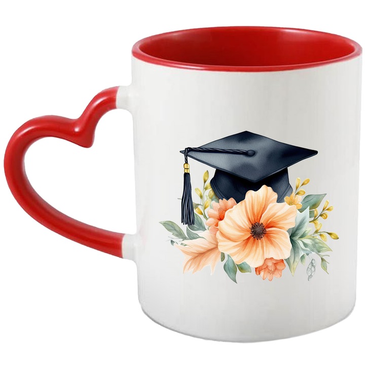 Чаша с абитуриентска шапка, тока, абсолвент, колеж, завършено обучение, илюстрация, постижение, цветя, листа, 330мл, керамика с дръжка червено сърце