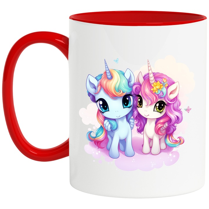 Bögre 2 unikornissal, illusztráció, felhők, boldog, boldogság, mesés állatok, mitikus lények, 330 ml, kerámia piros fogantyúval