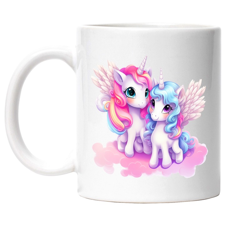 Bögre 2 unikornissal, illusztráció, mosoly, szárnyak, felhők, mitikus lények, fantasztikus állatok, boldogság, 330 ml, kerámia fehér fogantyúval