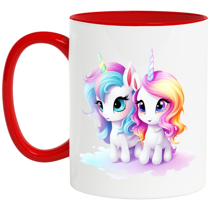 Bögre 2 boldog unikornissal, illusztráció, mitikus lények, illusztráció, fantasztikus, fehér, 330 ml, kerámia, piros fogantyúval