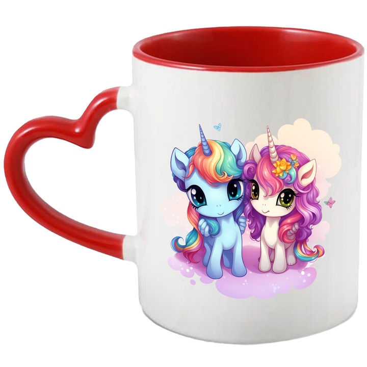 Bögre 2 unikornissal, illusztráció, felhők, vidám, boldogság, mesés állatok, mitikus lények, 330 ml, kerámia piros szív fogantyúval