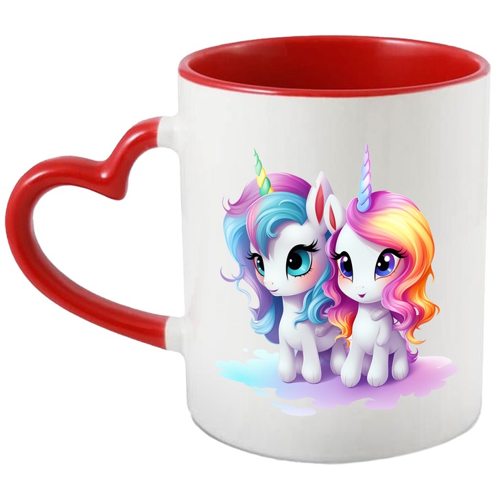 Bögre 2 boldog unikornissal, illusztráció, mitikus lények, illusztráció, fantasztikus, fehér, 330 ml, kerámia, piros szív fogantyúval