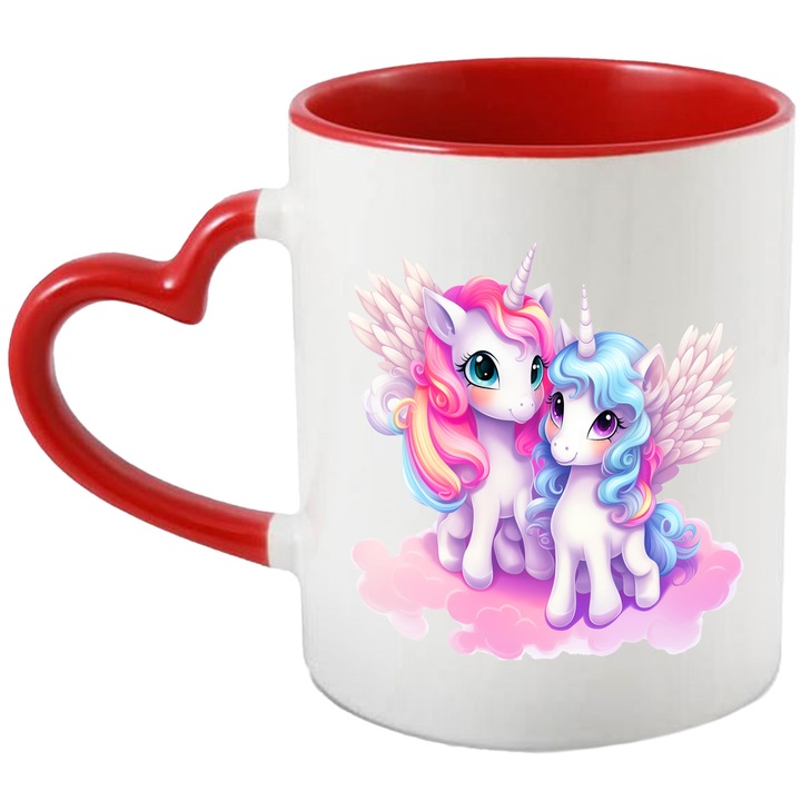 Bögre 2 unikornissal, illusztráció, mosoly, szárnyak, felhők, mitikus lények, fantasztikus állatok, boldogság, 330 ml, kerámia piros szív fogantyúval