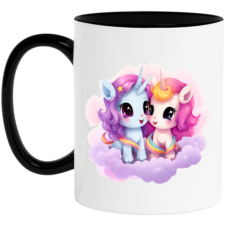 Bögre 2 boldog unikornissal, illusztráció, felhők, boldogság, csillogó szemek, egymásra néz, 330 ml, kerámia fekete fogantyúval