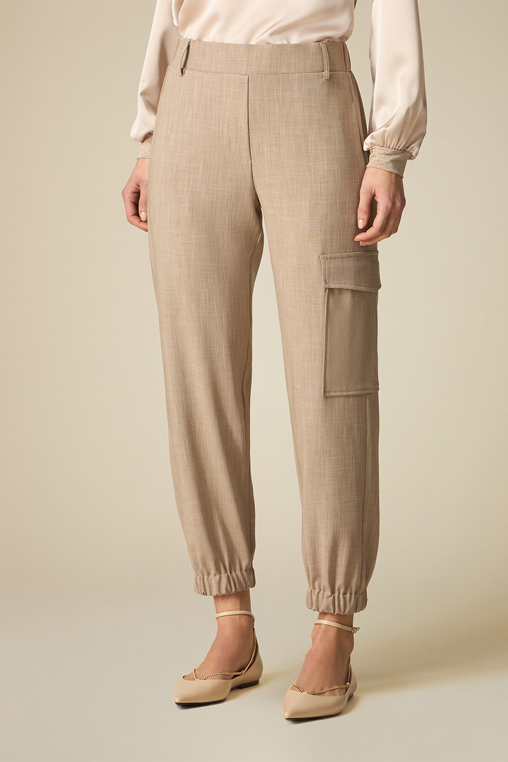 Oltre, Pantaloni cargo uni cu talie inalta, Maro nisip, XL