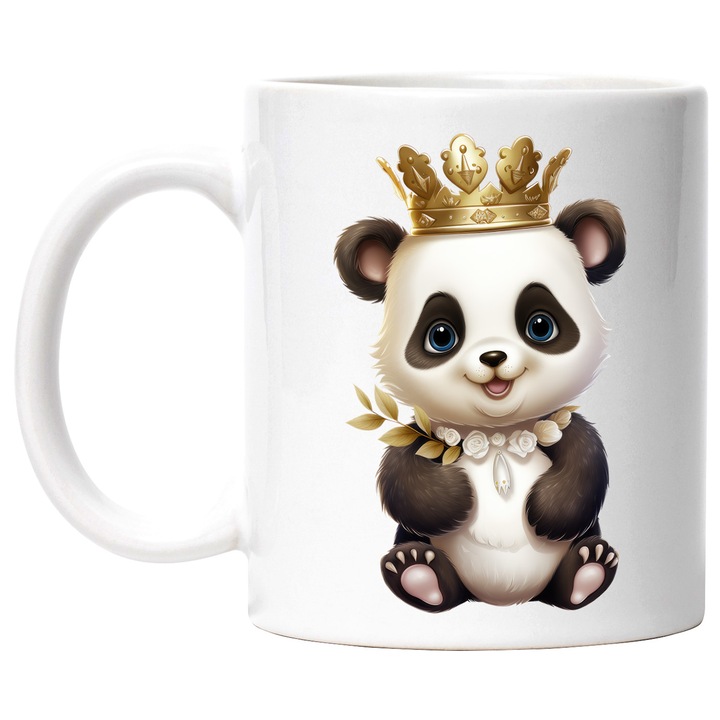 Чаша с мече панда с кралска корона, благородство, илюстрация, цветя, злато, радост, важност, животно, 330 мл, Керамика с бяла дръжка