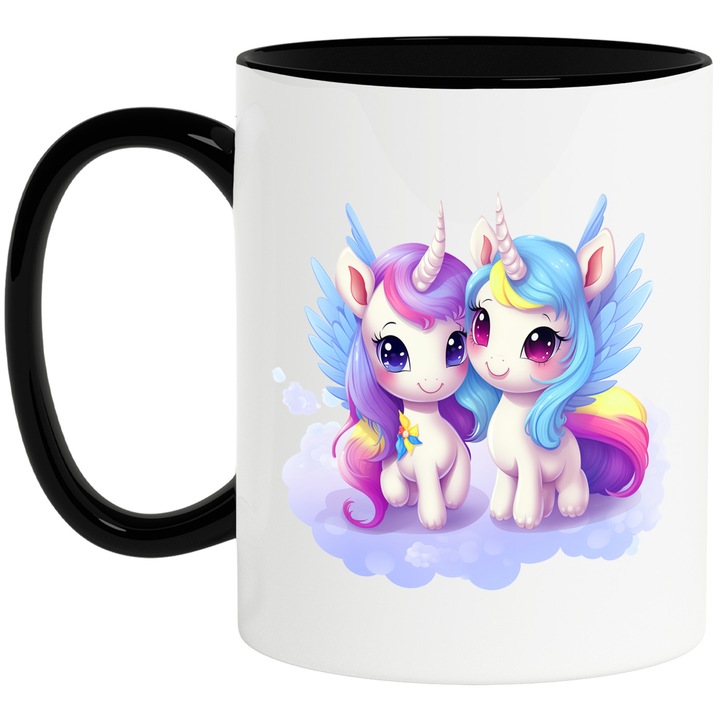 Bögre 2 boldog unikornissal, illusztráció, felhőkön ülő, szárnyak, kicsik, barátok, játék, megértés, fantasztikus lények, 330 ml, kerámia fekete fogantyúval