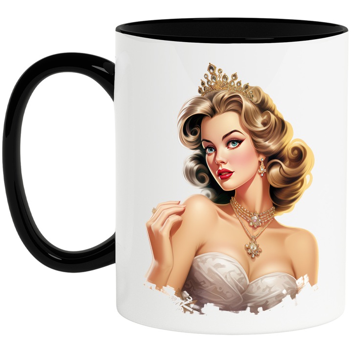 Чаша с красива жена, илюстрация, кралица, коронована, бяла рокля, скъпи бижута, злато, 330 мл, керамика с черна дръжка