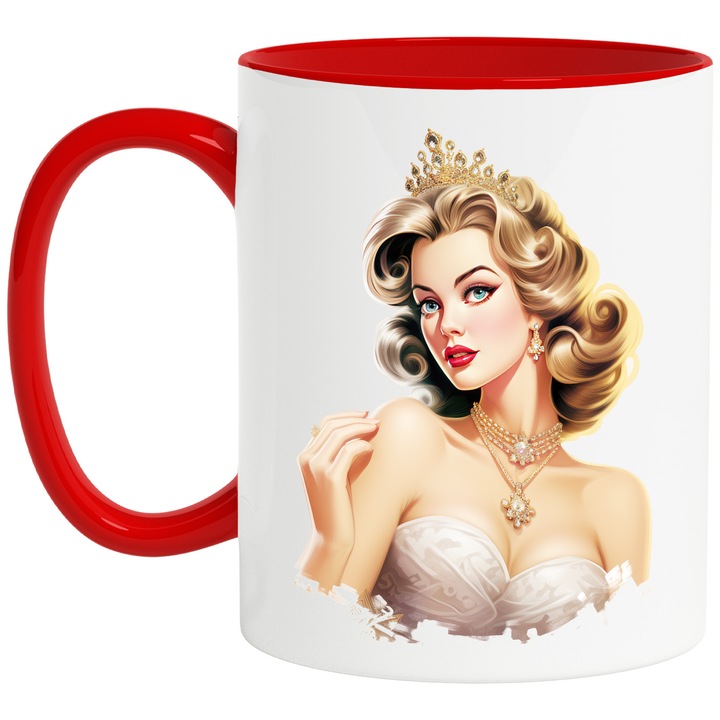 Чаша с красива жена, илюстрация, кралица, корона, бяла рокля, скъпи бижута, злато, 330мл, керамика с червена дръжка