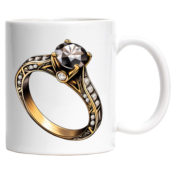 Чаша с пръстен със скъпоценни камъни, злато, диамант, безценно, скъпо, Свети Валентин, бижу, подарък, 330мл, Керамика с бяла дръжка