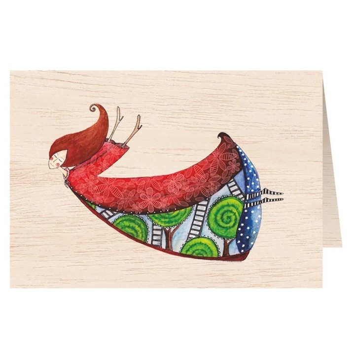 Felicitare din lemn Cozywood, femeie in rochie, cu plic, format C6