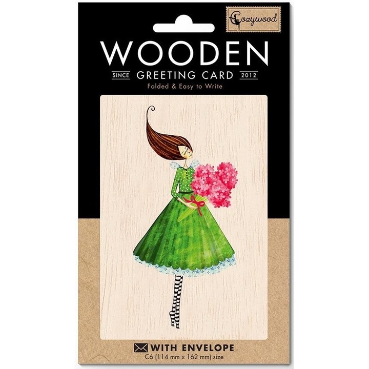 Felicitare Cozywood, femeie cu buchet, lemn, cu plic, format C6