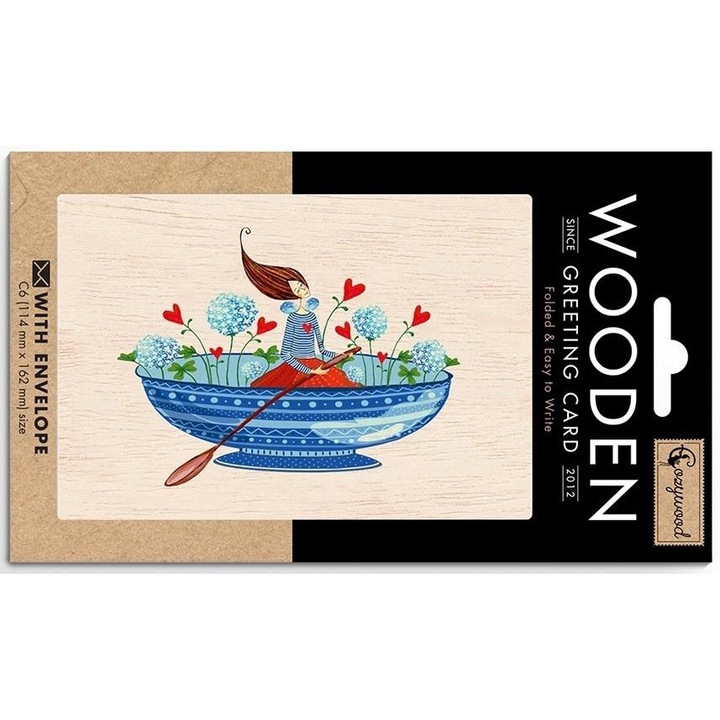 Felicitare din lemn Cozywood, femeie cu zmeu, cu plic, format C6