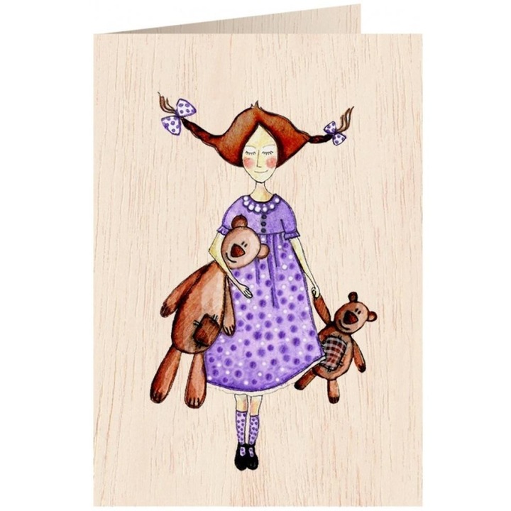 Felicitare din lemn Cozywood, colectia Misie, format C6, cu plic, produsa in Lituania