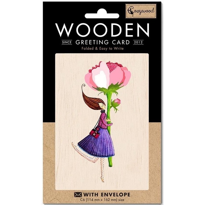 Felicitare din lemn Cozywood, model Roza, format C6, cu plic, produsa in Lituania