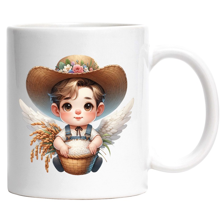 Cana cu un bebelus care tine o tarna/un cos cu orez, ilustratie, palarie, flori, grau, aripi, gospodarie, 330ml, Ceramic cu Maner Alb