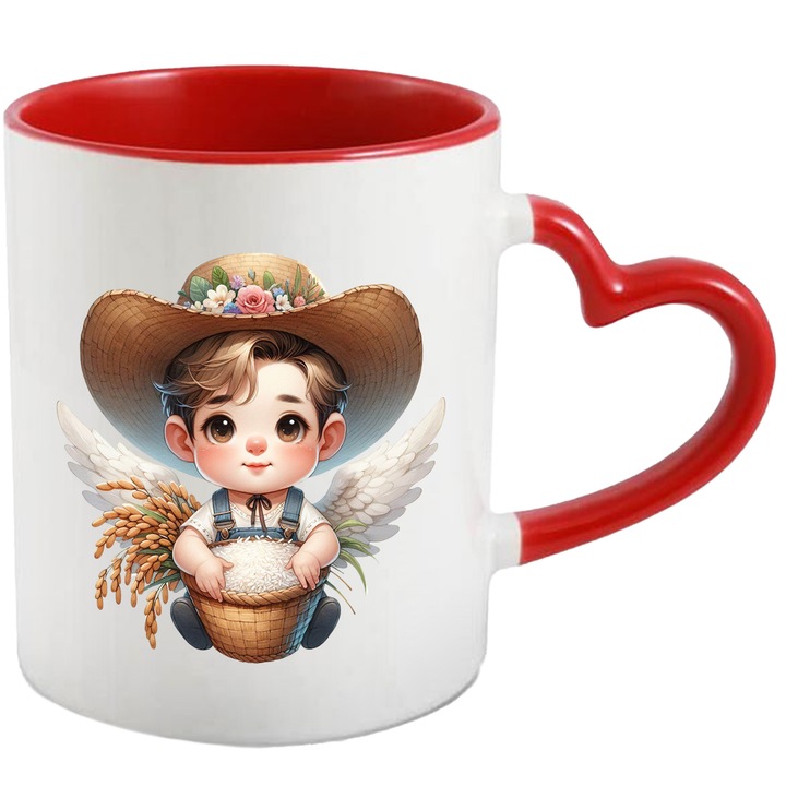 Cana cu un bebelus care tine o tarna/un cos cu orez, ilustratie, palarie, flori, grau, aripi, gospodarie, 330ml, Ceramica cu Maner Inima Rosie